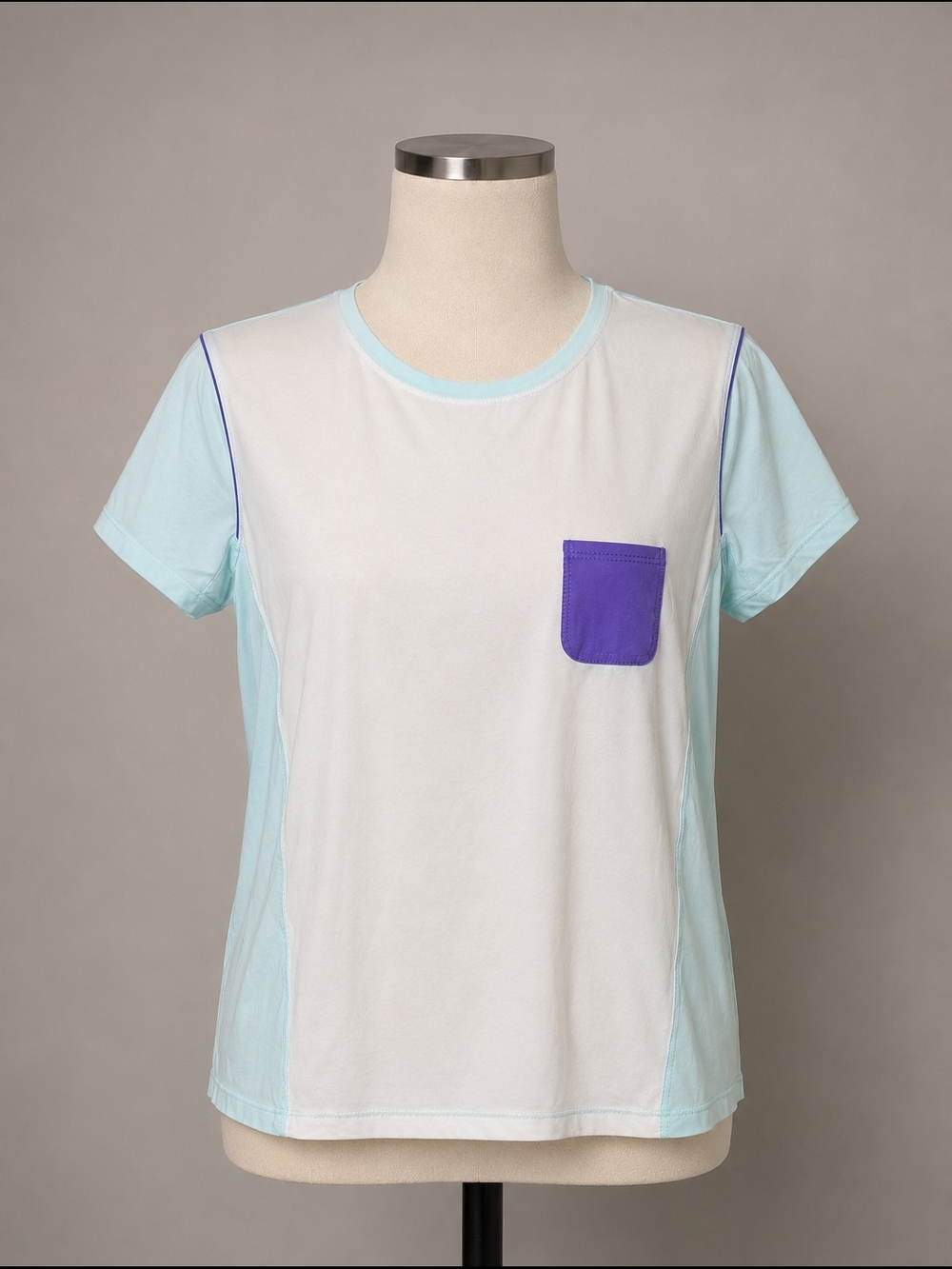 Lululemon Women's White & Light Blue Short Sleeve Tee with Purple Pocket